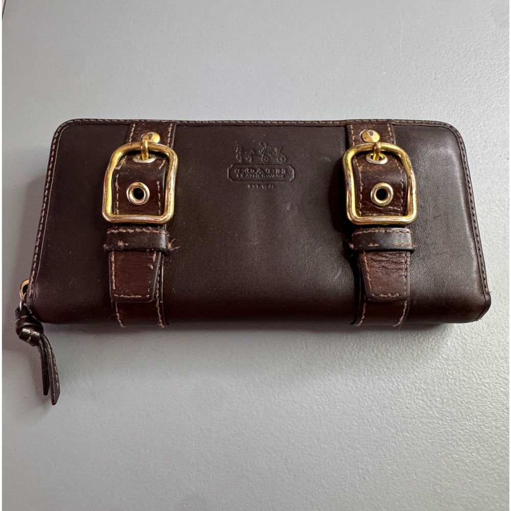 Coach Wallet Women OS Brown Double Buckle Leather Zip Around Accordion